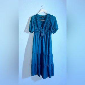 Teal smocked midi dress - v neck with tie size M